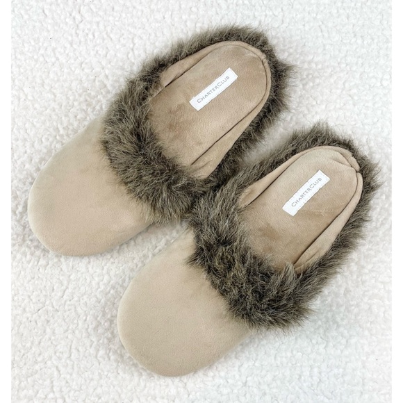 CHARTER CLUB • Cream/Brown Faux Fur Trimmed House Slippers - Picture 1 of 16